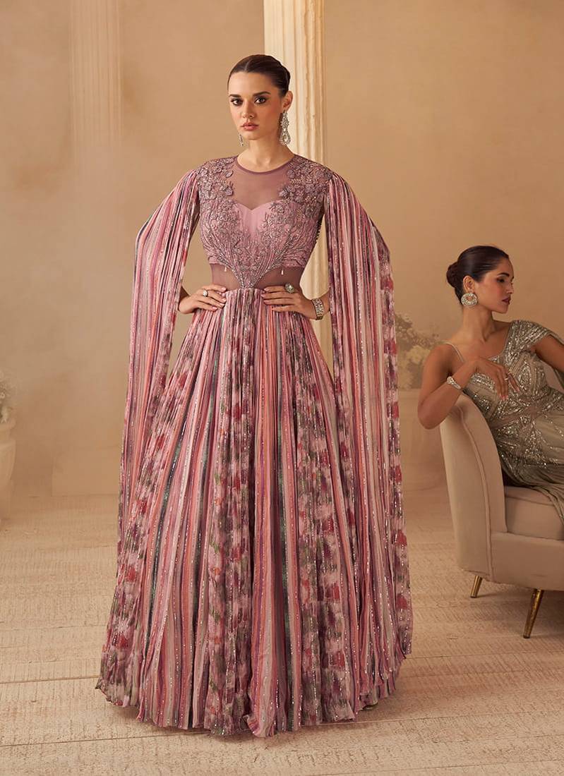 Dusty pink chinon silk sequins cape style gown semi stitched up to 42" size
