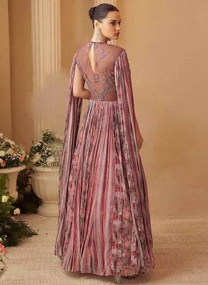 Dusty pink chinon silk sequins cape style gown semi stitched up to 42" size 2