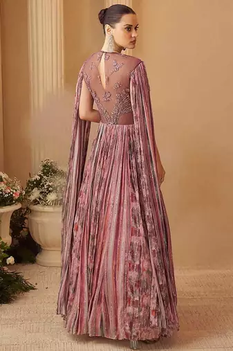 Dusty pink chinon silk sequins cape style gown semi stitched up to 42" size
