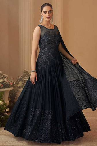Navy blue chinon silk sequins cape style gown semi stitched up to 42" size