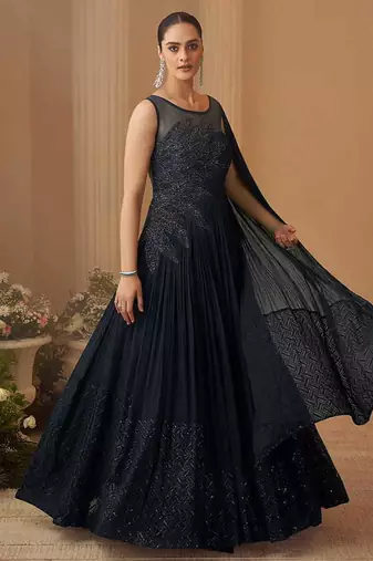 Navy blue chinon silk sequins cape style gown semi stitched up to 42" size