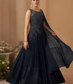 Navy blue chinon silk sequins cape style gown semi stitched up to 42" size