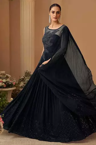 Navy blue chinon silk sequins cape style gown semi stitched up to 42" size