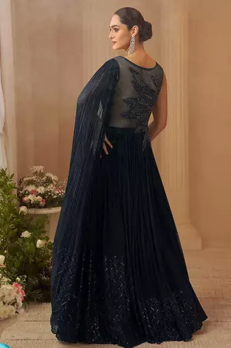 Navy blue chinon silk sequins cape style gown semi stitched up to 42" size