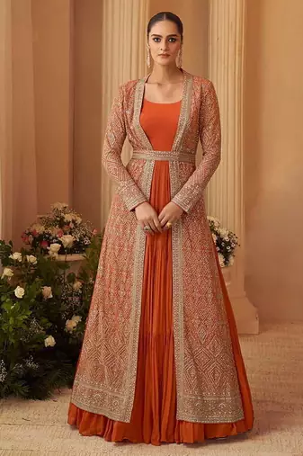 Orange chinon silk anarkali gown with jacket semi stitched up to 42" size