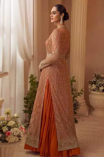 Orange chinon silk anarkali gown with jacket semi stitched up to 42" size