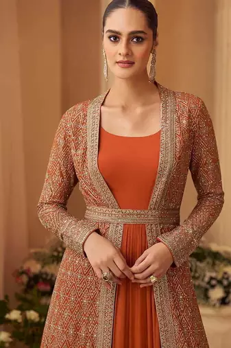 Orange chinon silk anarkali gown with jacket semi stitched up to 42" size