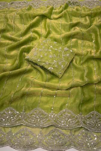 Light Olive Color  Sequence embroidery work with Cut work border  Chiffon Silk Saree 