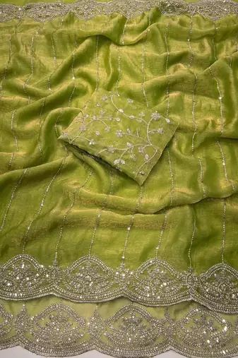 Light Olive Color  Sequence embroidery work with Cut work border  Chiffon Silk Saree 