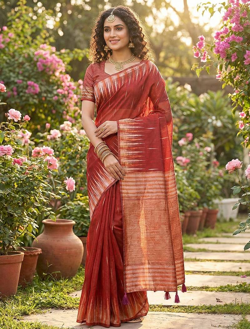 Red elegant linen cotton saree – lightweight & comfortable ethnic wear