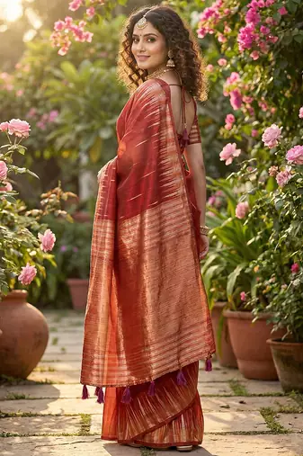 Red elegant linen cotton saree  lightweight & comfortable ethnic wear