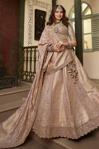 Impressive Peach Khatli Work Banarasi Silk Reception Wear Lehenga Choli