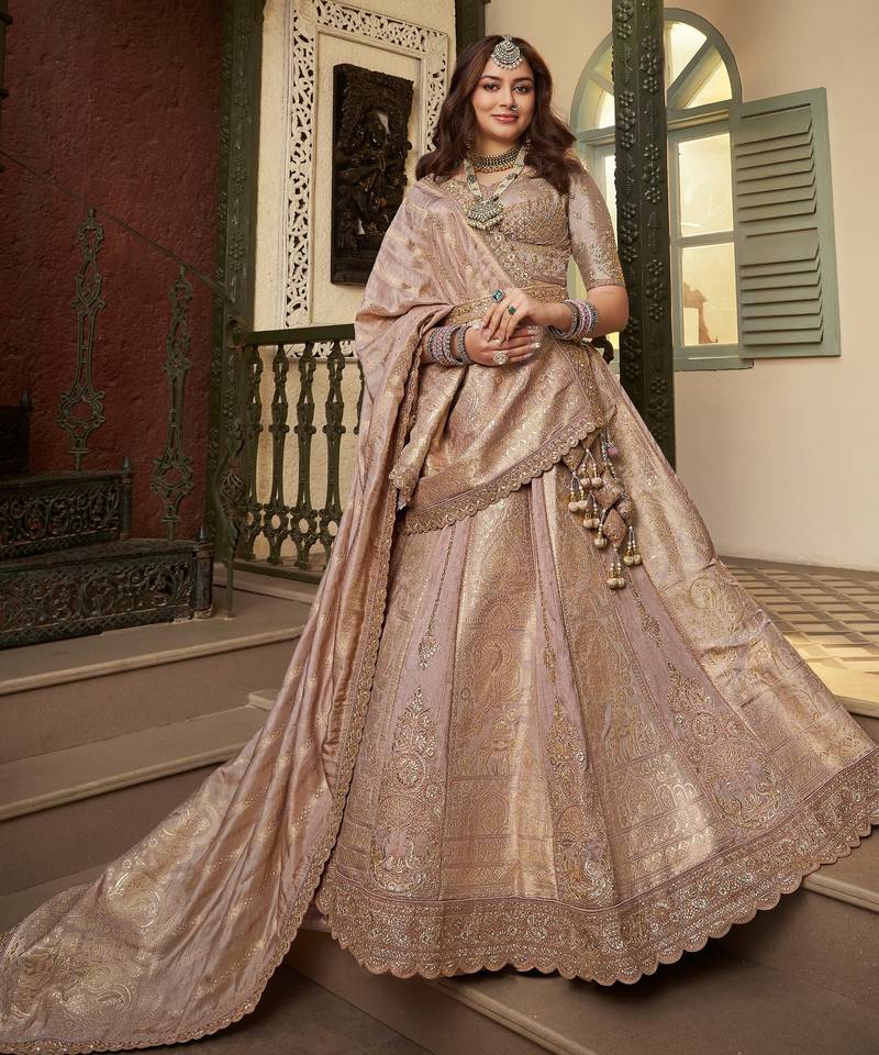 Impressive Peach Khatli Work Banarasi Silk Reception Wear Lehenga Choli
