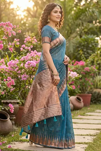 Blue elegant linen cotton saree     lightweight & comfortable ethnic wear