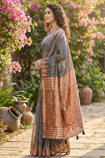 Grey elegant linen cotton saree  lightweight & comfortable ethnic wear