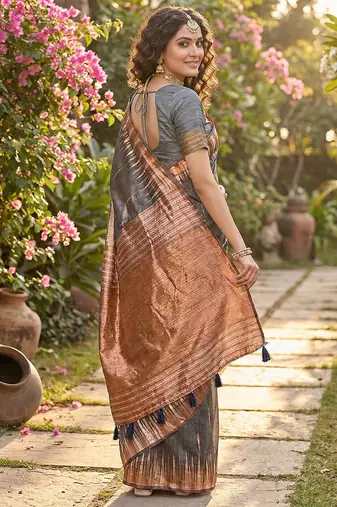 Grey elegant linen cotton saree  lightweight & comfortable ethnic wear