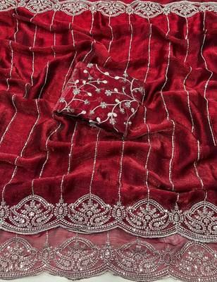 Maroon Color  Sequence embroidery work with Cut work border  Chiffon art silk saree  1