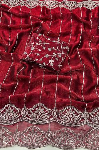 Maroon Color  Sequence embroidery work with Cut work border  Chiffon Silk Saree 