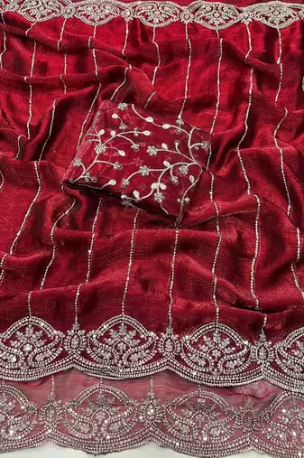 Maroon Color  Sequence embroidery work with Cut work border  Chiffon Silk Saree 