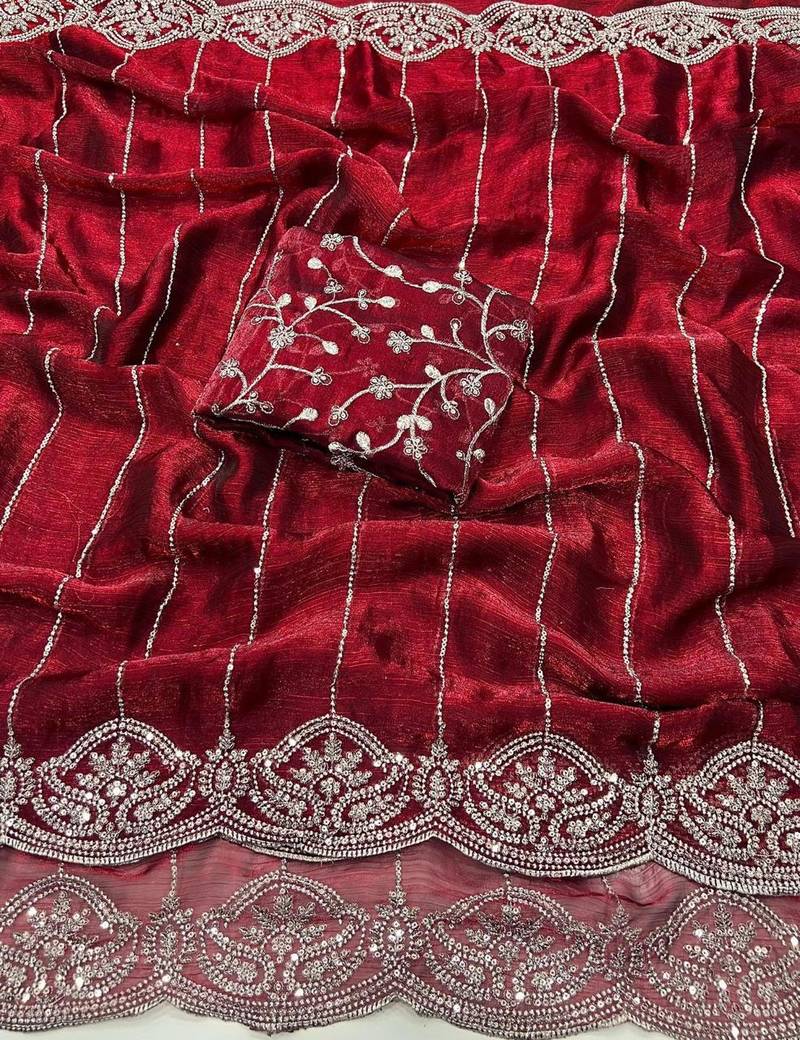 Maroon Color  Sequence embroidery work with Cut work border  Chiffon Silk Saree 