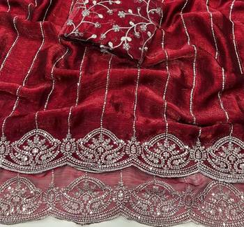 Maroon Color  Sequence embroidery work with Cut work border  Chiffon art silk saree  2