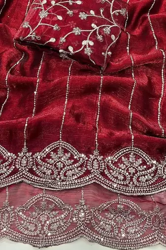 Maroon Color  Sequence embroidery work with Cut work border  Chiffon art silk saree 