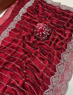 Maroon Color  Sequence embroidery work with Cut work border  Chiffon art silk saree  3