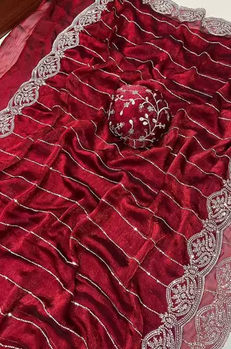 Maroon Color  Sequence embroidery work with Cut work border  Chiffon art silk saree 