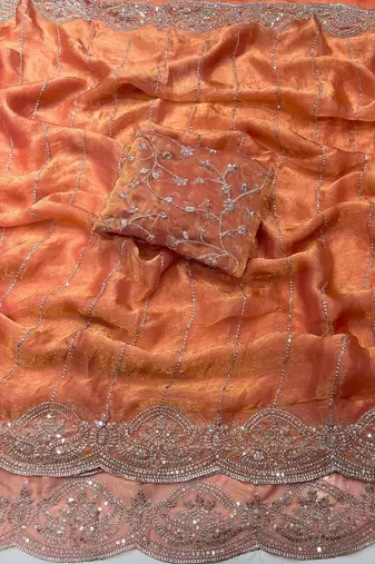 Peach Color  Sequence embroidery work with Cut work border  Chiffon Silk Saree 