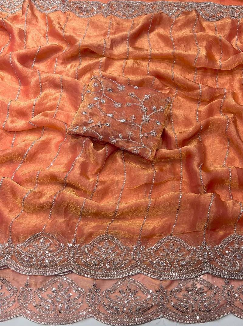 Peach Color  Sequence embroidery work with Cut work border  Chiffon Silk Saree 