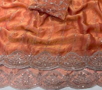 Peach Color  Sequence embroidery work with Cut work border  Chiffon art silk saree  2