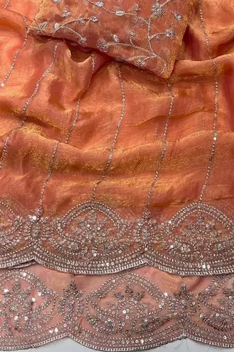 Peach Color  Sequence embroidery work with Cut work border  Chiffon art silk saree 