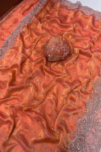 Peach Color  Sequence embroidery work with Cut work border  Chiffon art silk saree 