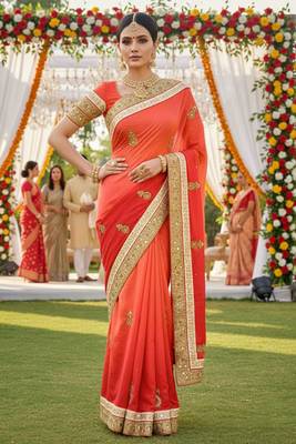 art silk party wear saree in orange with embroidery work & crystal stone work 1