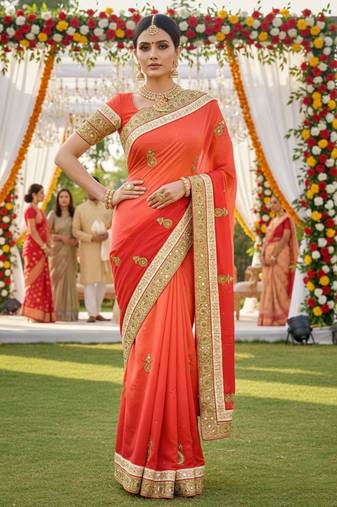 art silk party wear saree in orange with embroidery work & crystal stone work