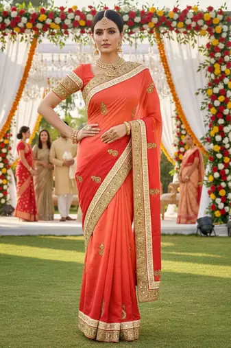 art silk party wear saree in orange with embroidery work & crystal stone work