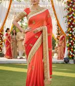 art silk party wear saree in orange with embroidery work & crystal stone work