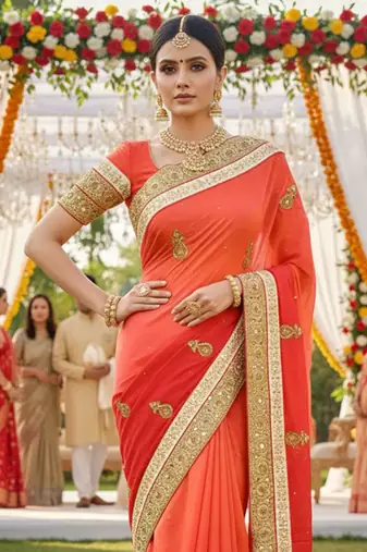 art silk party wear saree in orange with embroidery work & crystal stone work