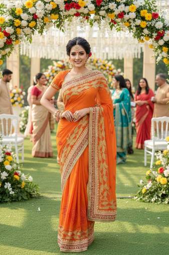 georgette party wear saree in orange with embroidery work & crystal stone work