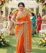 georgette party wear saree in orange with embroidery work & crystal stone work