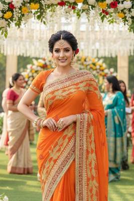 georgette party wear saree in orange with embroidery work & crystal stone work 2