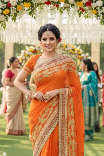 georgette party wear saree in orange with embroidery work & crystal stone work