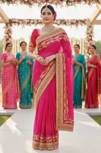 georgette party wear saree in pink with embroidery work & crystal stone work