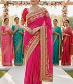 georgette party wear saree in pink with embroidery work & crystal stone work