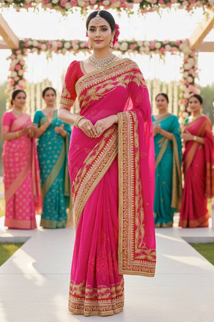 georgette party wear saree in pink with embroidery work & crystal stone work