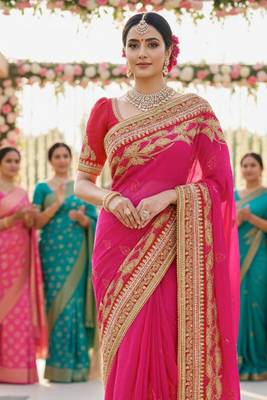 georgette party wear saree in pink with embroidery work & crystal stone work 2