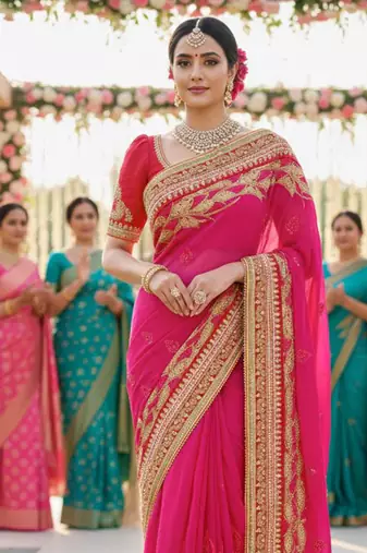 georgette party wear saree in pink with embroidery work & crystal stone work