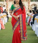 georgette party wear saree in red with embroidery work & crystal stone work