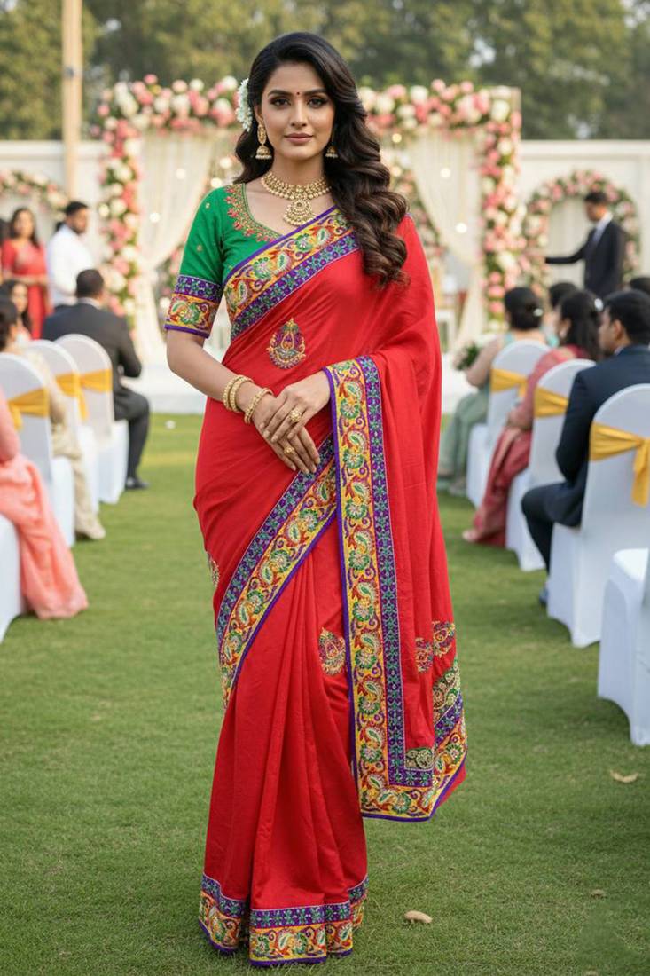 georgette party wear saree in red with embroidery work & crystal stone work