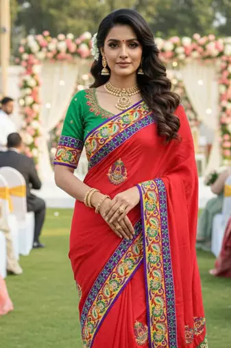 georgette party wear saree in red with embroidery work & crystal stone work